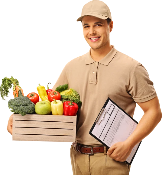delivery man carrying vegetables in one hand and a clipboard in the other